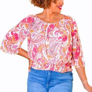 Harper 241 Womens Blouse Printed 3/4 Sleeves Top Elastic Hem Floral Coral Size L